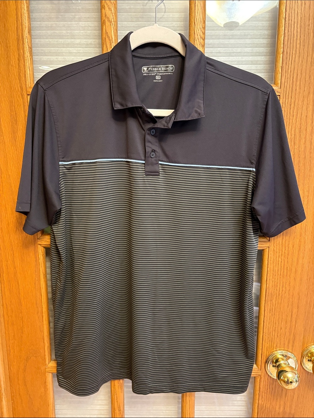 EUC Pebble Beach Men's Black and Gray Striped Polo